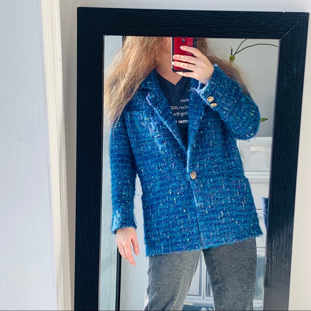Vintage Teal Gold Metal Buttoned Bouclé Blazer